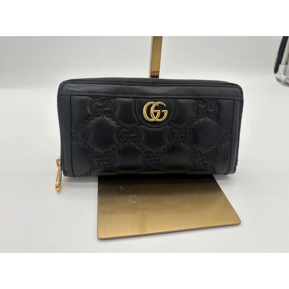 Gucci Zip Around Wallet Women's Black GG Matelasse Quilted Leather Gold Hardware